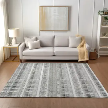 9' X 12' Ivory Gray And Taupe Striped Washable Indoor Outdoor Area Rug