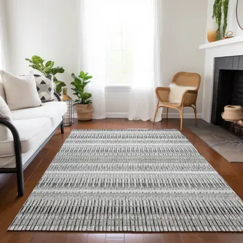 9' X 12' Ivory Gray And Taupe Striped Washable Indoor Outdoor Area Rug