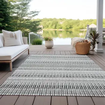 9' X 12' Ivory Gray And Taupe Striped Washable Indoor Outdoor Area Rug