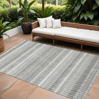 10' X 14' Ivory Gray And Taupe Striped Washable Indoor Outdoor Area Rug
