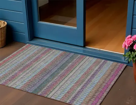 3' X 5' Taupe Purple And Blue Striped Washable Indoor Outdoor Area Rug