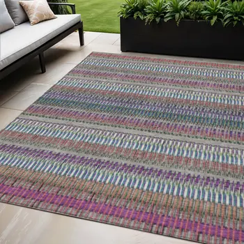 5' X 8' Taupe Purple And Blue Striped Washable Indoor Outdoor Area Rug