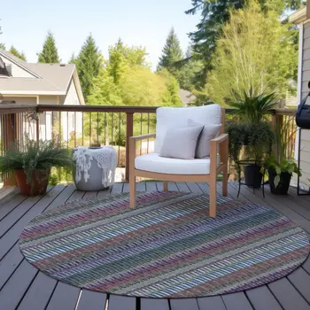 8' Taupe Purple And Blue Round Striped Washable Indoor Outdoor Area Rug