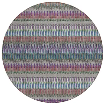 8' Taupe Purple And Blue Round Striped Washable Indoor Outdoor Area Rug