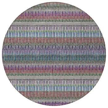 8' Taupe Purple And Blue Round Striped Washable Indoor Outdoor Area Rug
