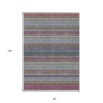 8' X 10' Taupe Purple And Blue Striped Washable Indoor Outdoor Area Rug
