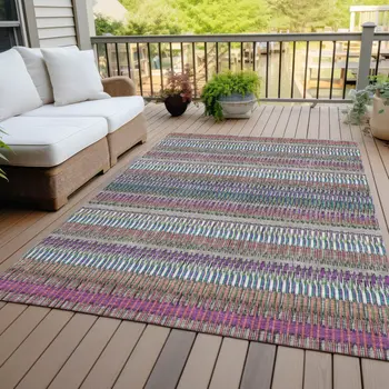 9' X 12' Taupe Purple And Blue Striped Washable Indoor Outdoor Area Rug