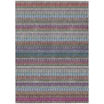9' X 12' Taupe Purple And Blue Striped Washable Indoor Outdoor Area Rug