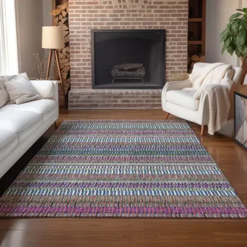 9' X 12' Taupe Purple And Blue Striped Washable Indoor Outdoor Area Rug