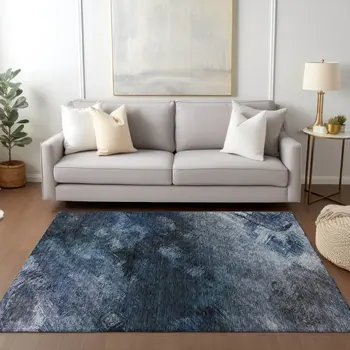 3' X 5' Navy Blue And Denim Blue Abstract Washable Indoor Outdoor Area Rug