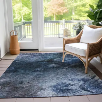 3' X 5' Navy Blue And Denim Blue Abstract Washable Indoor Outdoor Area Rug