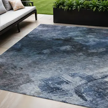 5' X 8' Navy Blue And Denim Blue Abstract Washable Indoor Outdoor Area Rug
