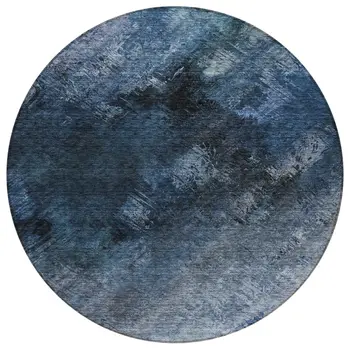 8' Navy Blue And Denim Blue Round Abstract Washable Indoor Outdoor Area Rug