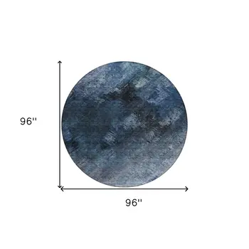 8' Navy Blue And Denim Blue Round Abstract Washable Indoor Outdoor Area Rug