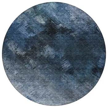 8' Navy Blue And Denim Blue Round Abstract Washable Indoor Outdoor Area Rug