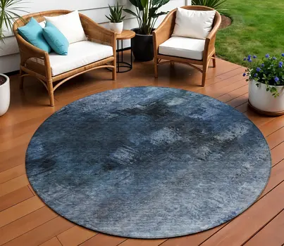 8' Navy Blue And Denim Blue Round Abstract Washable Indoor Outdoor Area Rug