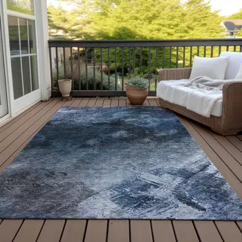 8' X 10' Navy Blue And Denim Blue Abstract Washable Indoor Outdoor Area Rug