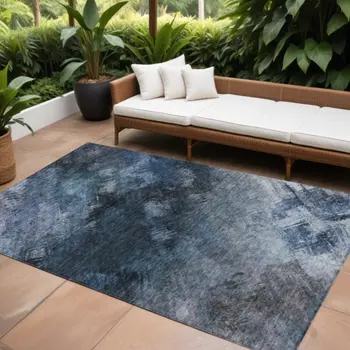 9' X 12' Navy Blue And Denim Blue Abstract Washable Indoor Outdoor Area Rug