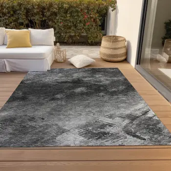 3' X 5' Gray Charcoal And Silver Abstract Washable Indoor Outdoor Area Rug
