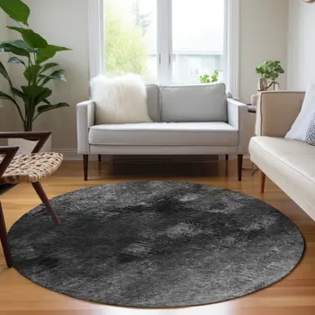 8' Gray Charcoal And Silver Round Abstract Washable Indoor Outdoor Area Rug