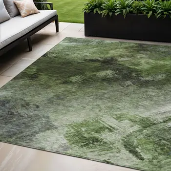 5' X 8' Green And Ivory Abstract Washable Indoor Outdoor Area Rug