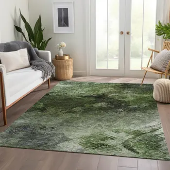 9' X 12' Green And Ivory Abstract Washable Indoor Outdoor Area Rug