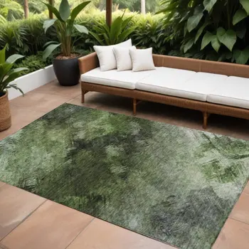 10' X 14' Green And Ivory Abstract Washable Indoor Outdoor Area Rug