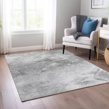5' X 8' Silver Gray And Ivory Abstract Washable Indoor Outdoor Area Rug