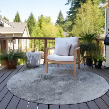 8' Silver Gray And Ivory Round Abstract Washable Indoor Outdoor Area Rug