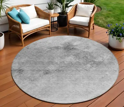 8' Silver Gray And Ivory Round Abstract Washable Indoor Outdoor Area Rug