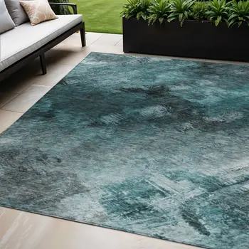 5' X 8' Teal Blue Aqua And Gray Abstract Washable Indoor Outdoor Area Rug