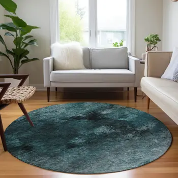 8' Teal Blue Aqua And Gray Round Abstract Washable Indoor Outdoor Area Rug