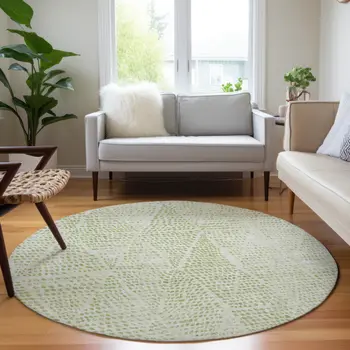 8' Artichoke Green And Ivory Round Geometric Washable Indoor Outdoor Area Rug