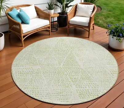 8' Artichoke Green And Ivory Round Geometric Washable Indoor Outdoor Area Rug