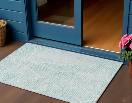 3' X 5' Aqua And Ivory Geometric Washable Indoor Outdoor Area Rug