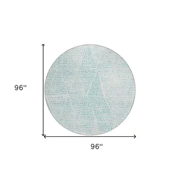8' Aqua And Ivory Round Geometric Washable Indoor Outdoor Area Rug