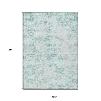 9' X 12' Aqua And Ivory Geometric Washable Indoor Outdoor Area Rug
