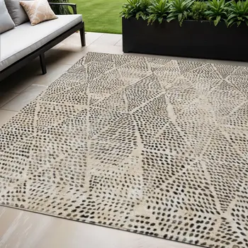 5' X 8' Beige Ivory And Black Geometric Washable Indoor Outdoor Area Rug