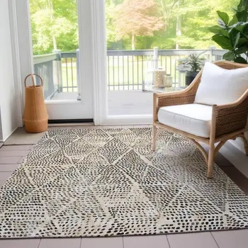 9' X 12' Beige Ivory And Black Geometric Washable Indoor Outdoor Area Rug