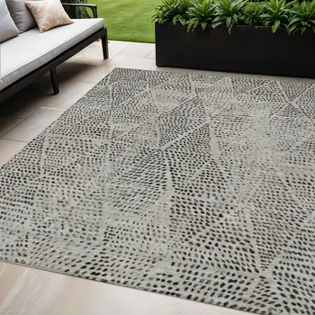 5' X 8' Gray Beige And Black Geometric Washable Indoor Outdoor Area Rug