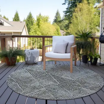 8' Gray Beige And Black Round Geometric Washable Indoor Outdoor Area Rug