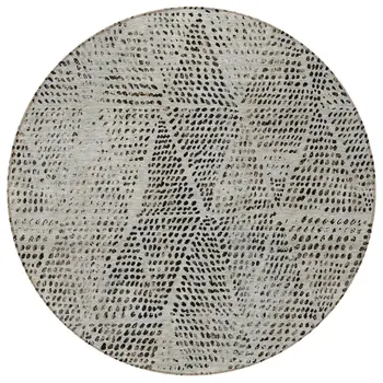 8' Gray Beige And Black Round Geometric Washable Indoor Outdoor Area Rug
