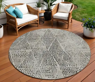 8' Gray Beige And Black Round Geometric Washable Indoor Outdoor Area Rug