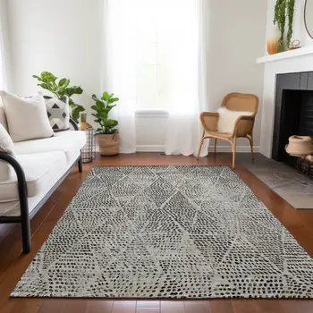 10' X 14' Gray Beige And Black Geometric Washable Indoor Outdoor Area Rug