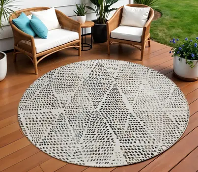 8' Ivory Charcoal And Beige Round Geometric Washable Indoor Outdoor Area Rug