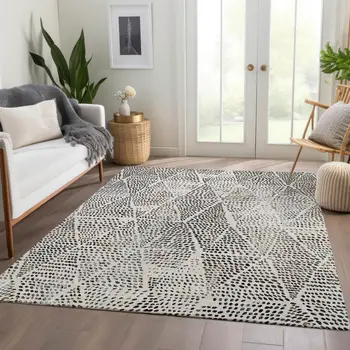 10' X 14' Ivory Charcoal And Beige Geometric Washable Indoor Outdoor Area Rug