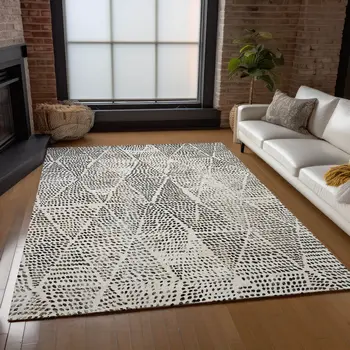 10' X 14' Ivory Charcoal And Beige Geometric Washable Indoor Outdoor Area Rug