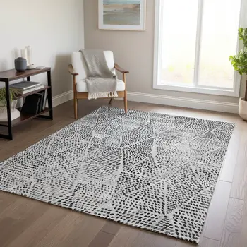 5' X 8' Pewter Charcoal And Ivory Geometric Washable Indoor Outdoor Area Rug