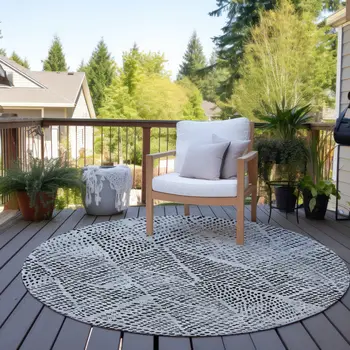 8' Pewter Charcoal And Ivory Round Geometric Washable Indoor Outdoor Area Rug