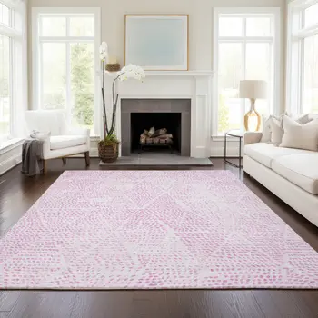 3' X 5' Pink And Ivory Geometric Washable Indoor Outdoor Area Rug